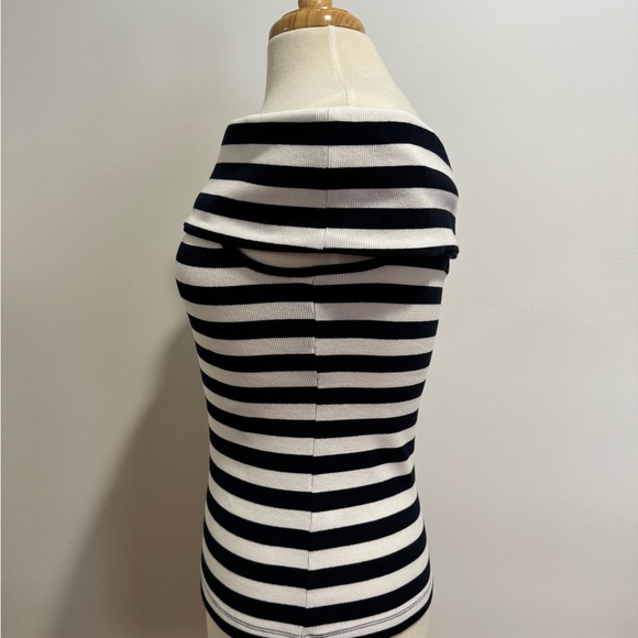Banana Republic Off-Shoulder Cotton Ribbed Nautical Striped Top Navy White Sz S - Picture 2 of 13